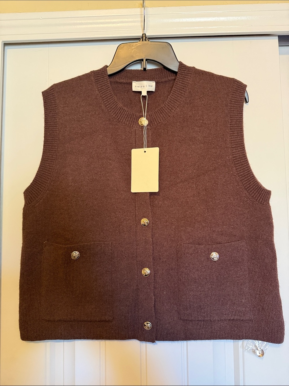 entro Brown Sleeveless Crewneck Button Vest